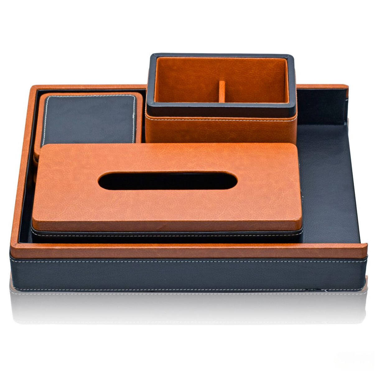 JustKraft Table Stationery 4in1 Leather Desk Organizers Tray Set